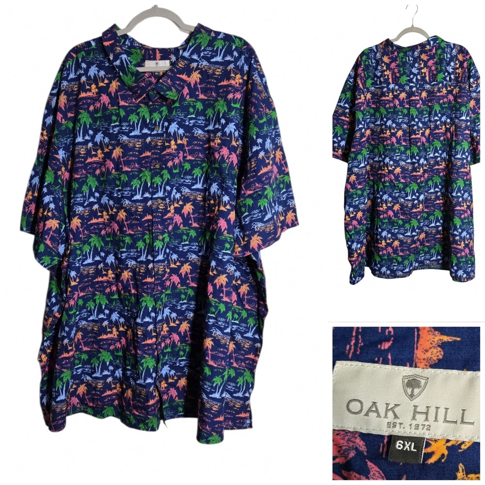 Oak Hill Mens 6XL Tropical Palm Tree Print Button Down Shirt Navy Blue Cotton